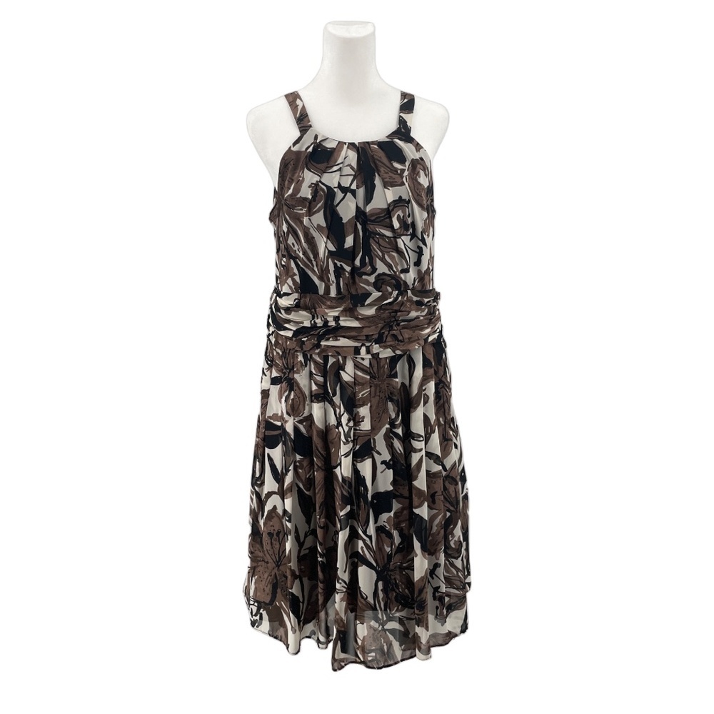 Jones Wear Pleated Sleeveless Dress, Brown/Cream/Black Abstract Floral, Size 14